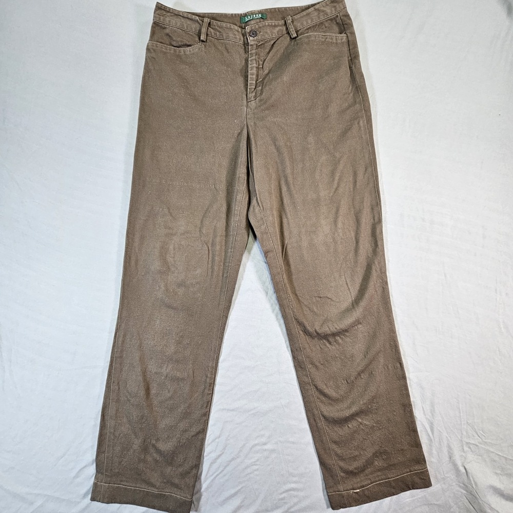 Lauren Ralph Lauren Straight Leg Pants Womens 8 Brown Khaki Cotton Stretch Chino